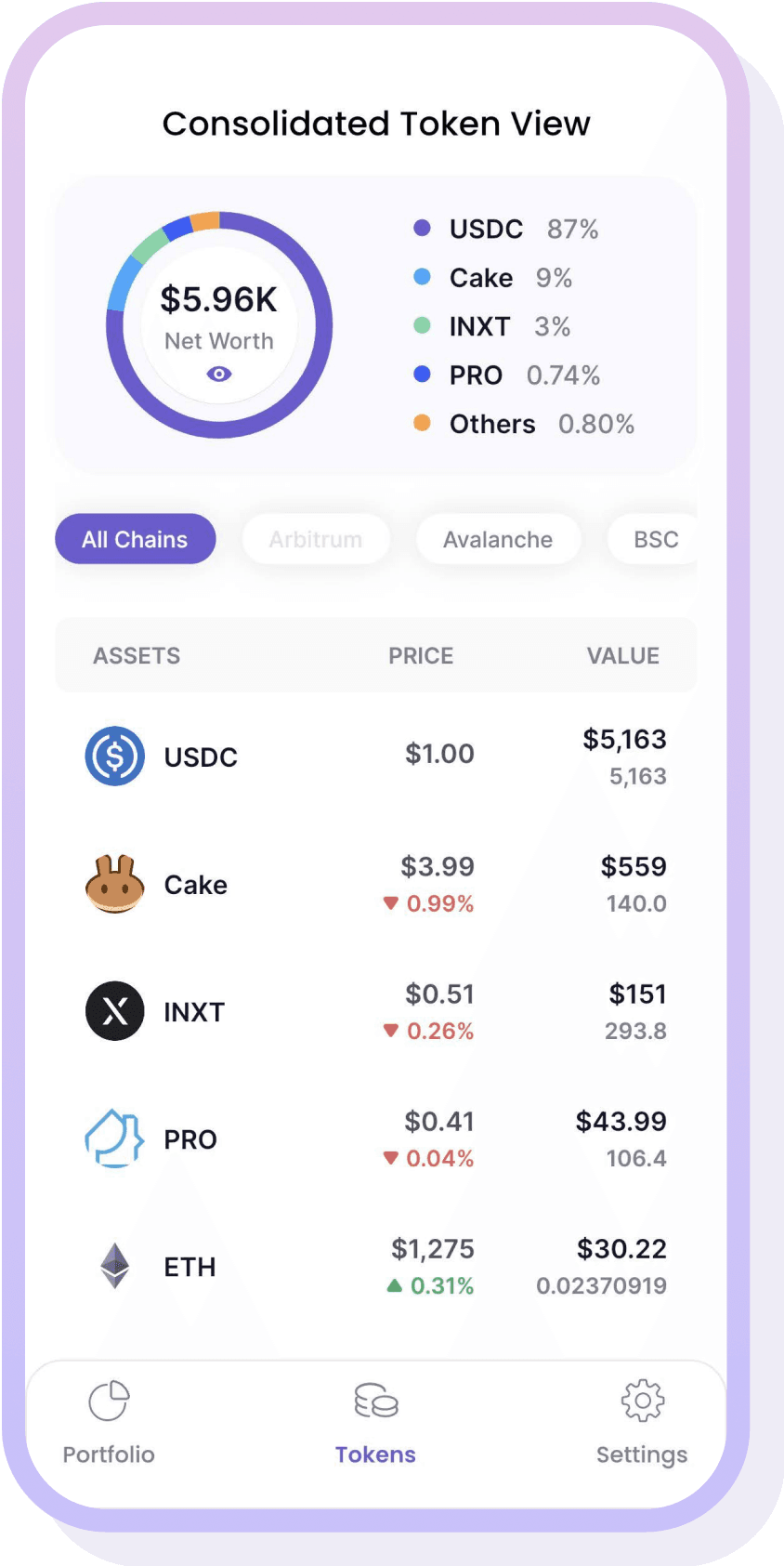 A screenshot from Tokenpad showing data display and filtering